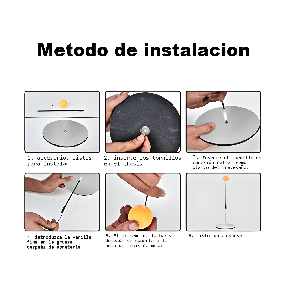 Entrenador de tenis de mesa: instalación paso a paso con accesorios y bola.