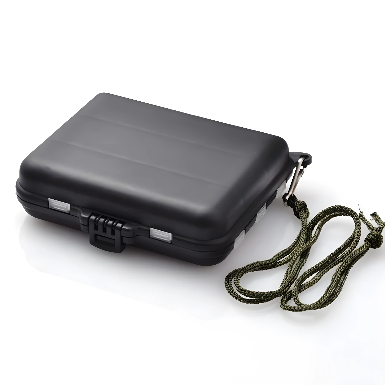 Estuche rígido negro para anzuelos, señuelos y accesorios de pesca con cordón.