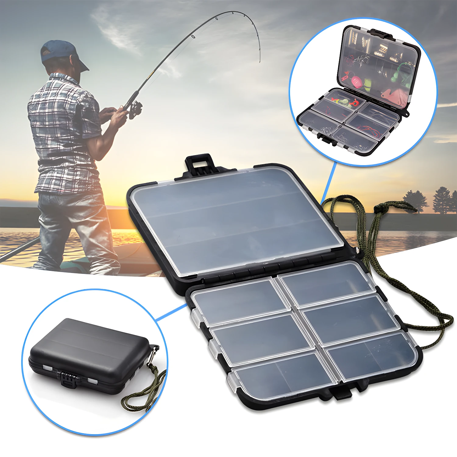 Estuche plástico duro para anzuelos, señuelos y accesorios de pesca con tapa transparente y compartimentos.