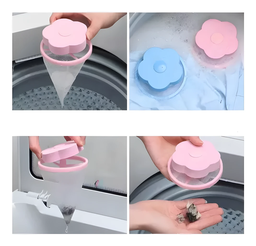 Set x4 filtros atrapa motas para lavadora, diseño floral azul y rosa, recoge pelusa de la ropa.