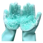 Guantes de silicona para lavar loza con esponja, diseño con cerdas para limpieza profunda.