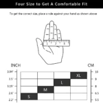 Guantes de compresión para muñeca: guía de tallas visual con medidas en pulgadas y centímetros.