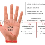 Guía de tallas de inmovilizador ortopédico para pulgar: mide tu muñeca y pulgar.