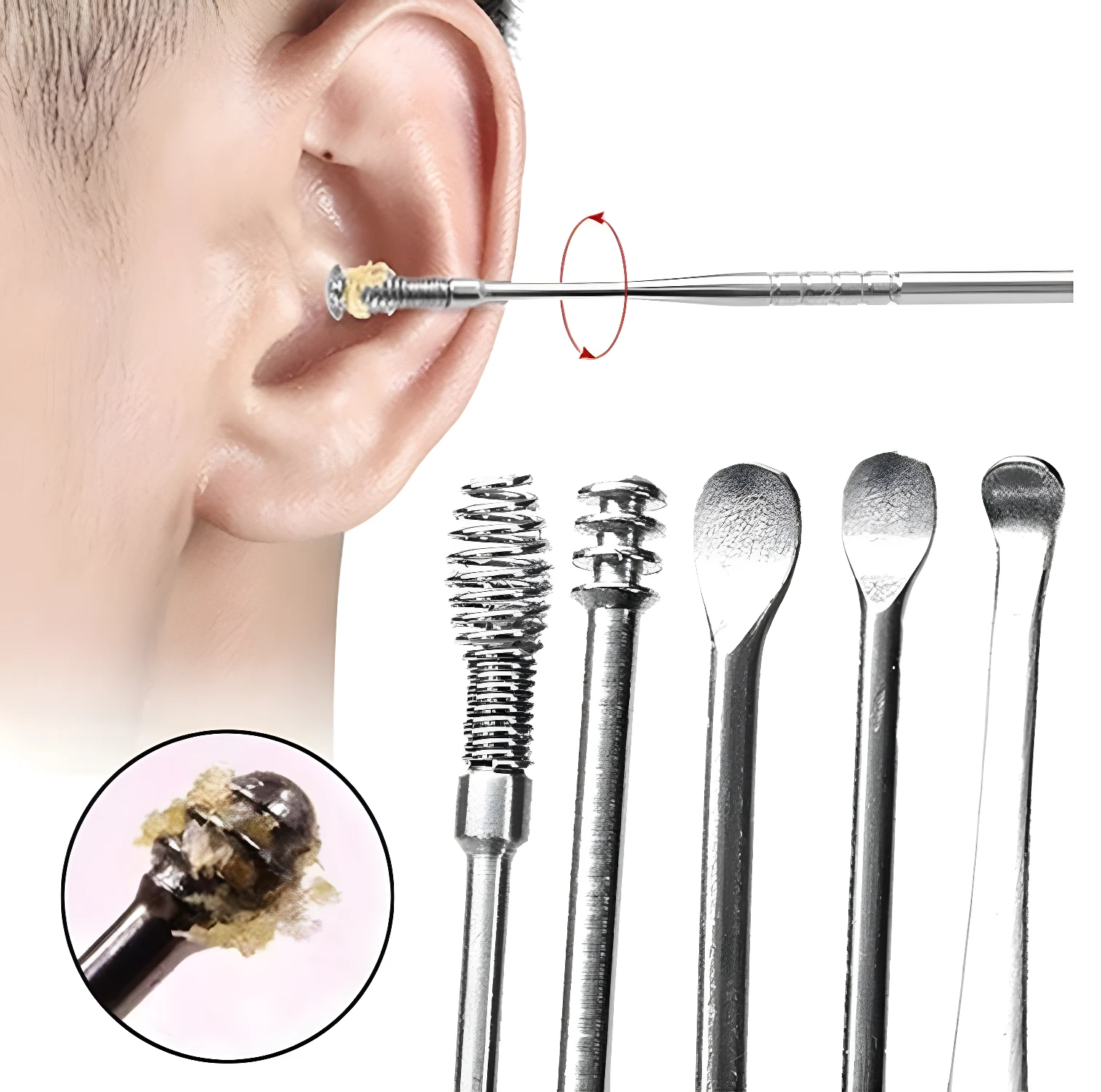 Kit limpieza oídos extractor 10 piezas con espiral y cucharas para remover cera de oído.