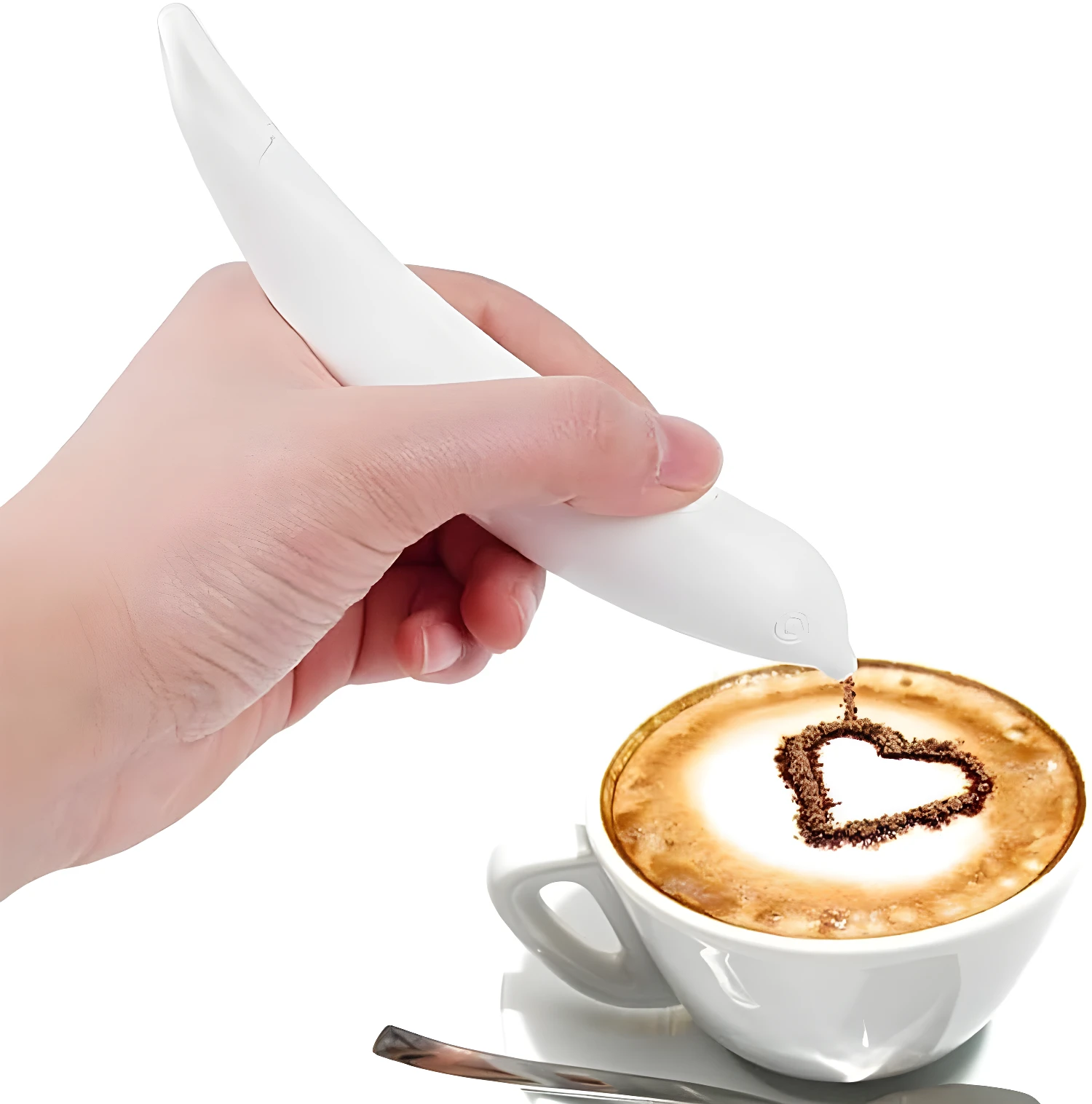 Lápiz para decorar capuchino haciendo un corazón con cacao sobre espuma.