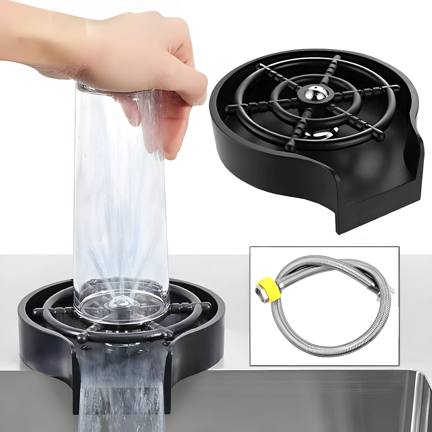 Lava vasos y copas automático con chorro de agua a presión, ideal para cocinas.