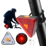 Linterna trasera triangular roja para bicicleta con luz LED, ideal para ciclistas nocturnos.