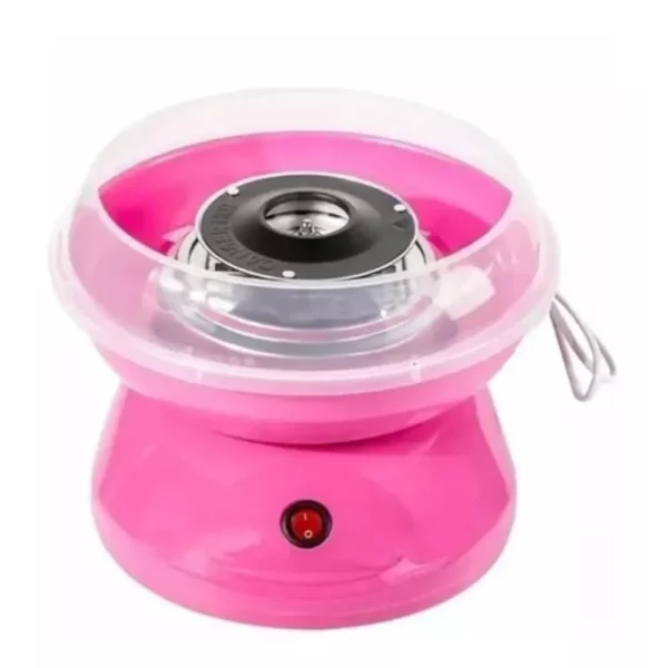 Máquina portátil rosa para hacer algodón de azúcar con interruptor y tapa transparente.