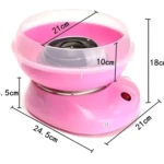 Máquina portátil rosa para hacer algodón de azúcar con medidas, ideal para fiestas y uso doméstico.