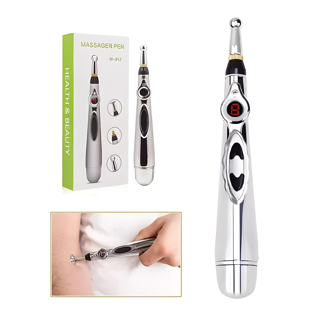 Masajeador electrónico tipo bolígrafo plateado con pantalla digital, ideal para uso personal.
