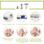 Masajeador tipo bolígrafo electrónico para acupuntura: cómo insertar batería y usarlo en la palma.