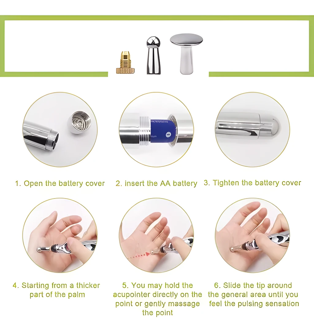 Masajeador tipo bolígrafo electrónico para acupuntura: cómo insertar batería y usarlo en la palma.