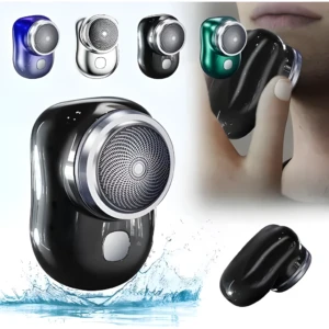 Mini afeitadora eléctrica portátil negra en uso, con demostración a prueba de agua y otros colores.