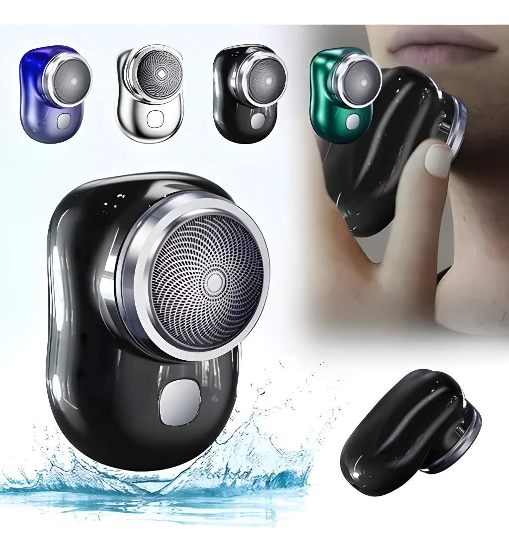 Mini afeitadora eléctrica portátil negra en uso, con demostración a prueba de agua y otros colores.