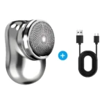 Mini afeitadora eléctrica portátil plateada con cable USB-C, ideal para viajes.