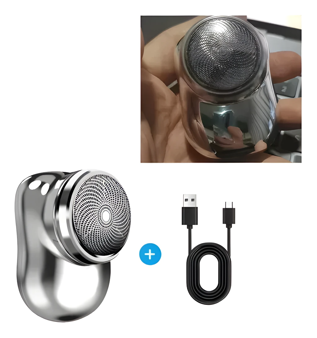Mini afeitadora eléctrica portátil plateada en primer plano con cable de carga USB.