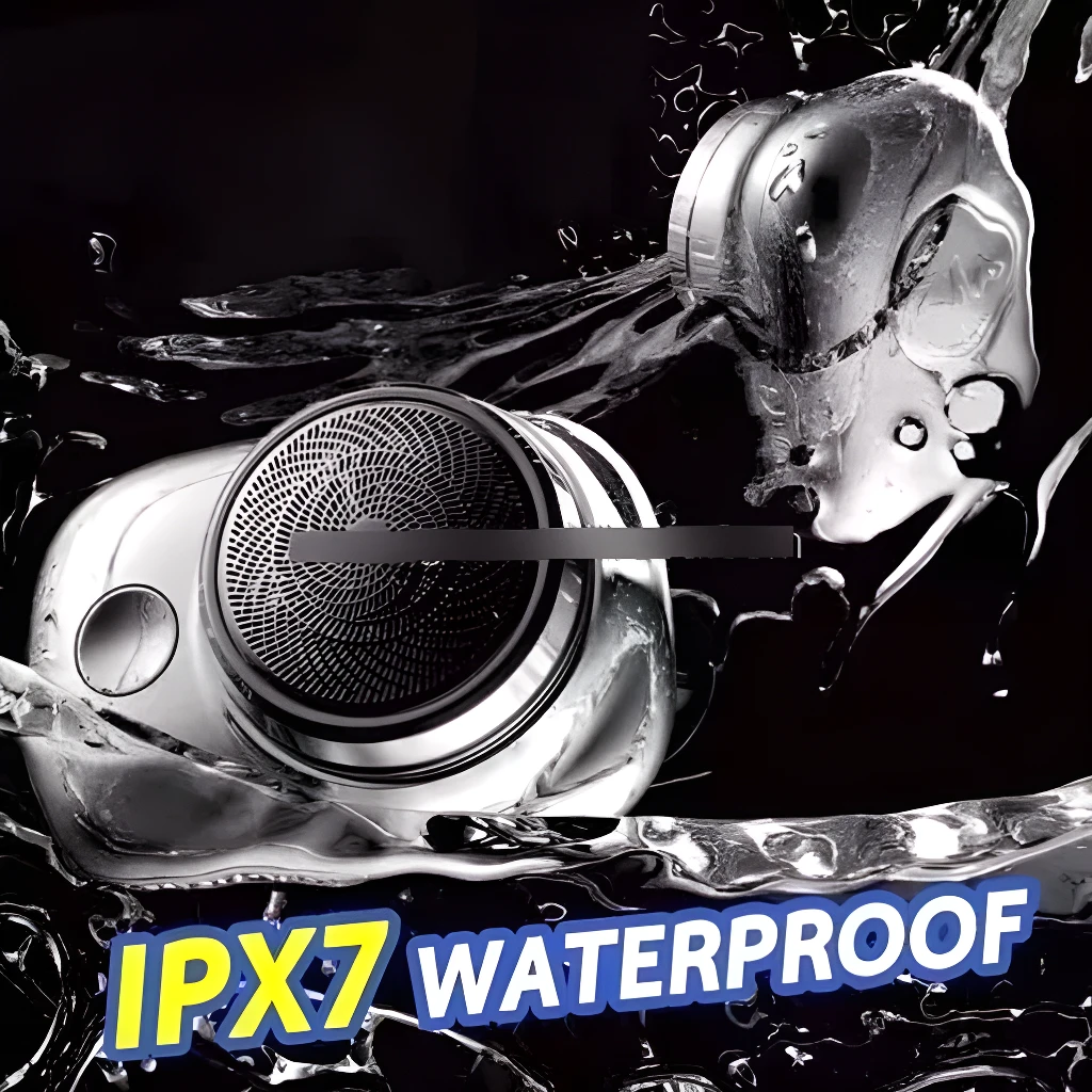 Mini afeitadora eléctrica portátil IPX7 a prueba de agua en acción, detallada y cromada.