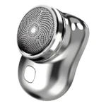 Mini afeitadora eléctrica portátil plateada, diseño compacto y ergonómico para un afeitado fácil.