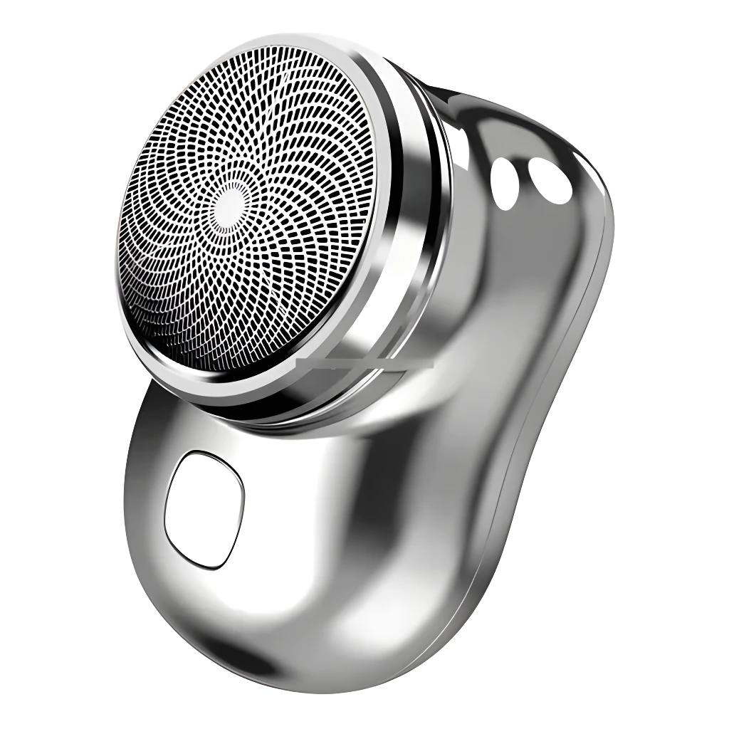 Mini afeitadora eléctrica portátil plateada, diseño compacto y ergonómico para un afeitado fácil.