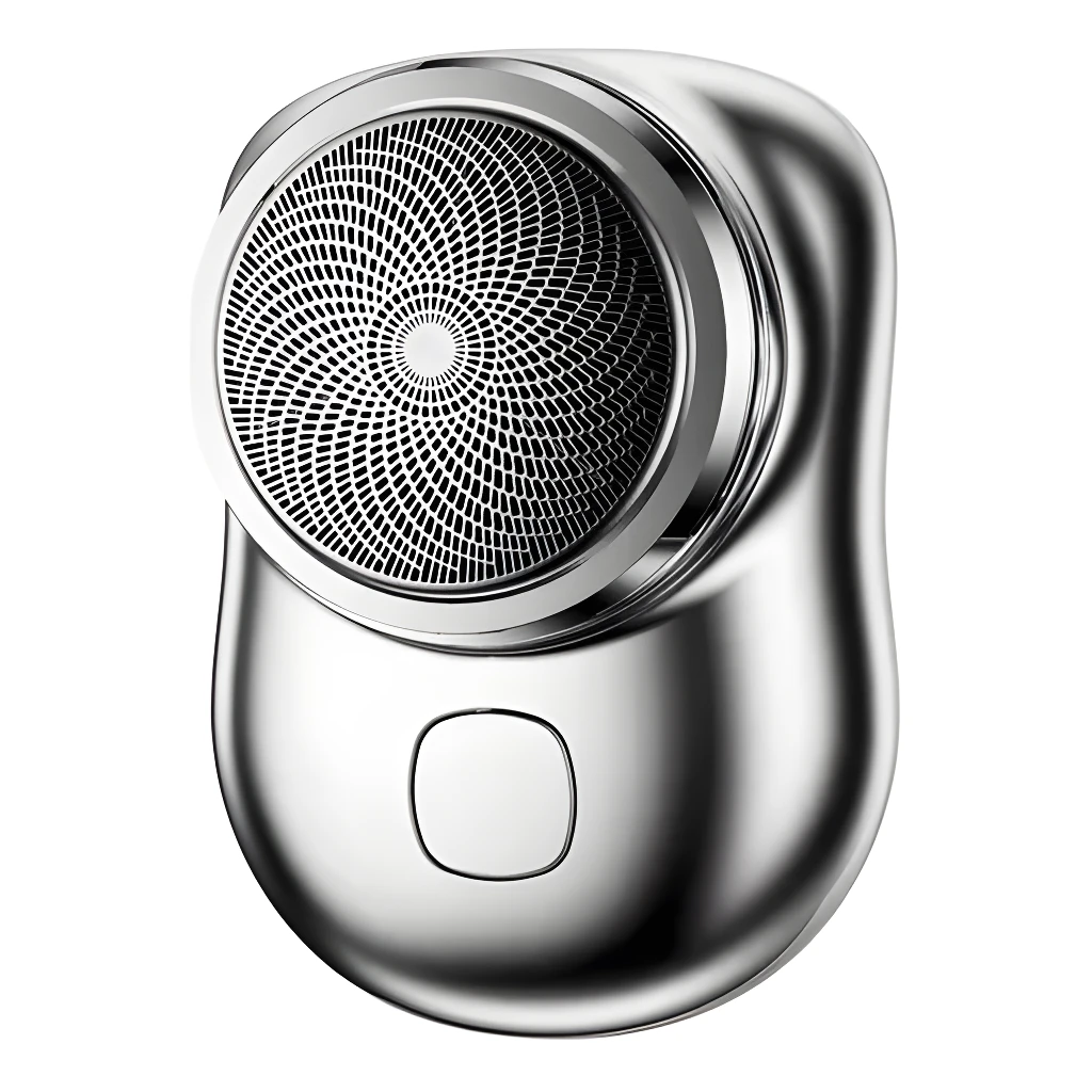 Mini afeitadora eléctrica portátil plateada, ideal para viajes.