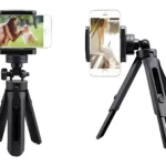 Mini trípode para celular y cámara, con base ajustable y soporte giratorio.