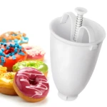 Molde para donas blanco con resorte y asa, junto a variedad de donas decoradas.