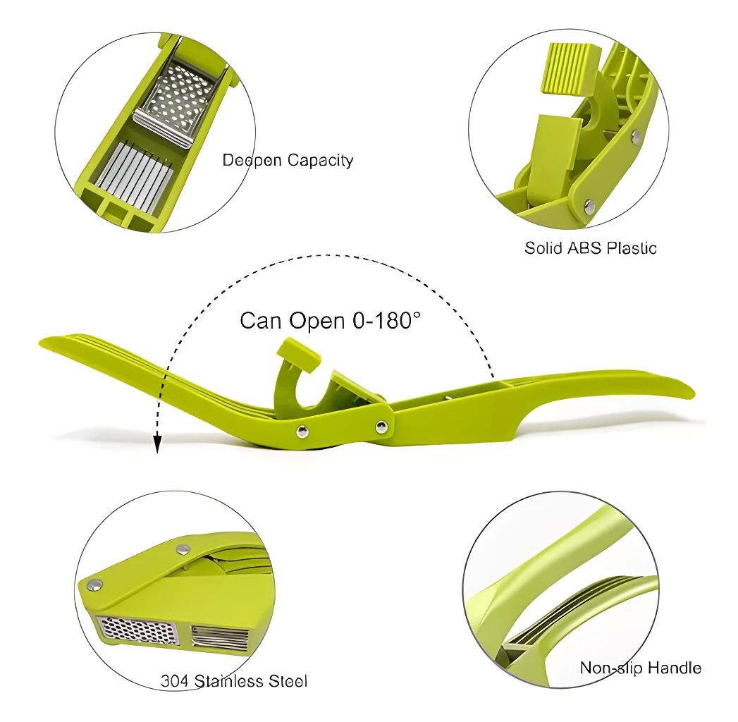 Picador triturador de ajo verde en ABS y acero inoxidable, abre 0-180°.