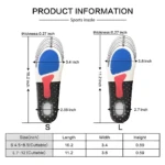 Plantillas deportivas para calzado S y L, con medidas de largo, ancho y grosor detalladas.