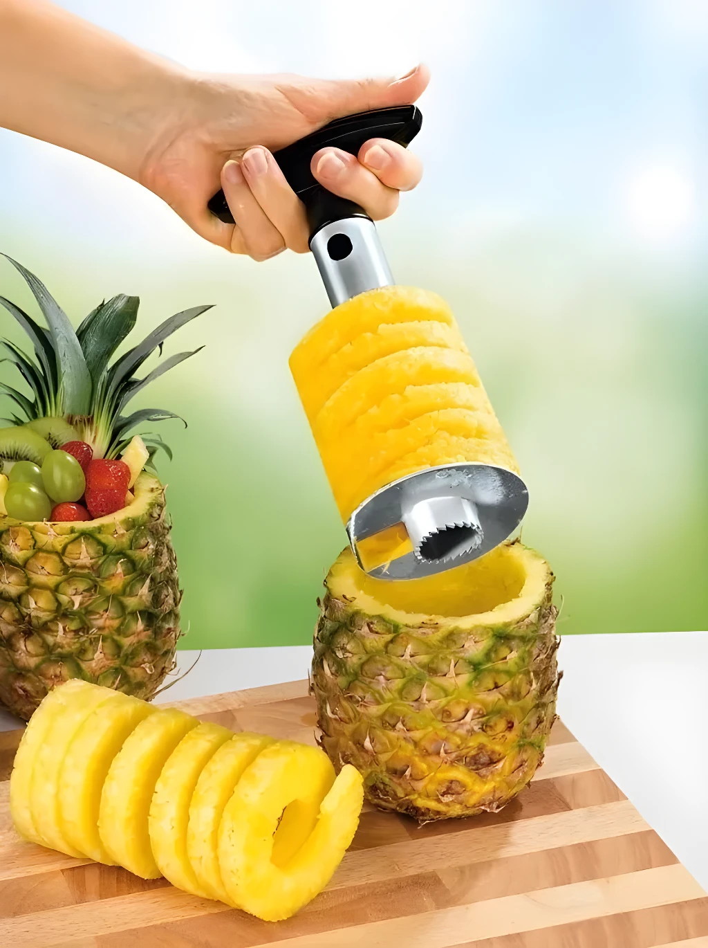 Rebanador para piña en rodajas espirales, ideal para servir como recipiente.