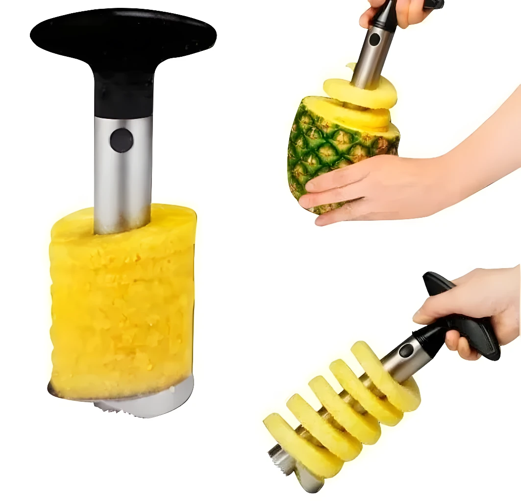 Rebanador cortador pela piña en rodajas, ideal para preparar frutas fácilmente.