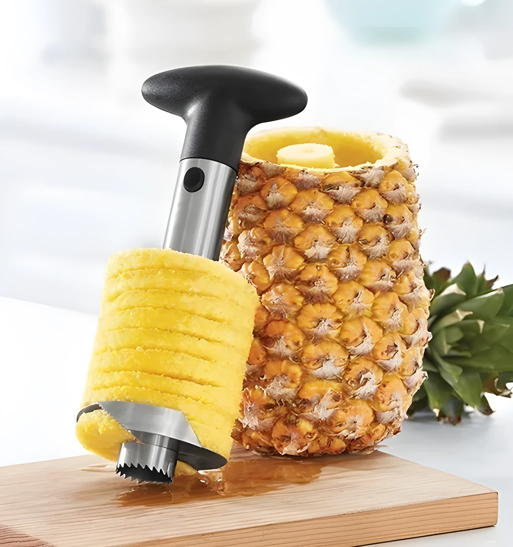 Cortador de piña en rodajas, pela y extrae el corazón de la fruta fácilmente.