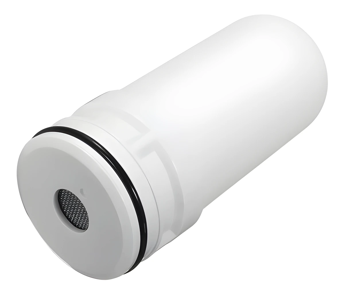 Filtro purificador de agua de repuesto con malla metálica visible en un extremo.