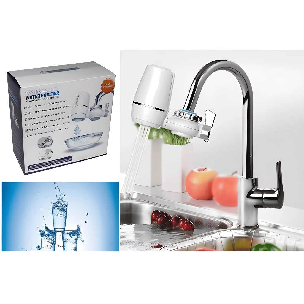 Set x3 repuesto filtro purificador de agua para grifo, incluye canilla cromada y frutas.