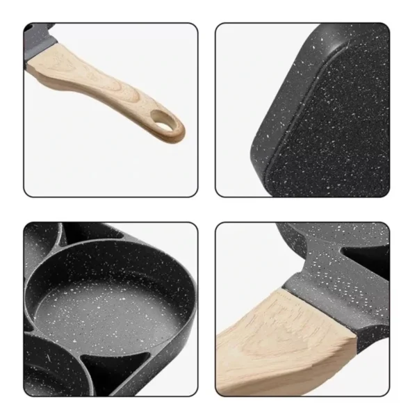 Sartén antiadherente de 4 puestos para huevos con mango de madera, vista de detalle.