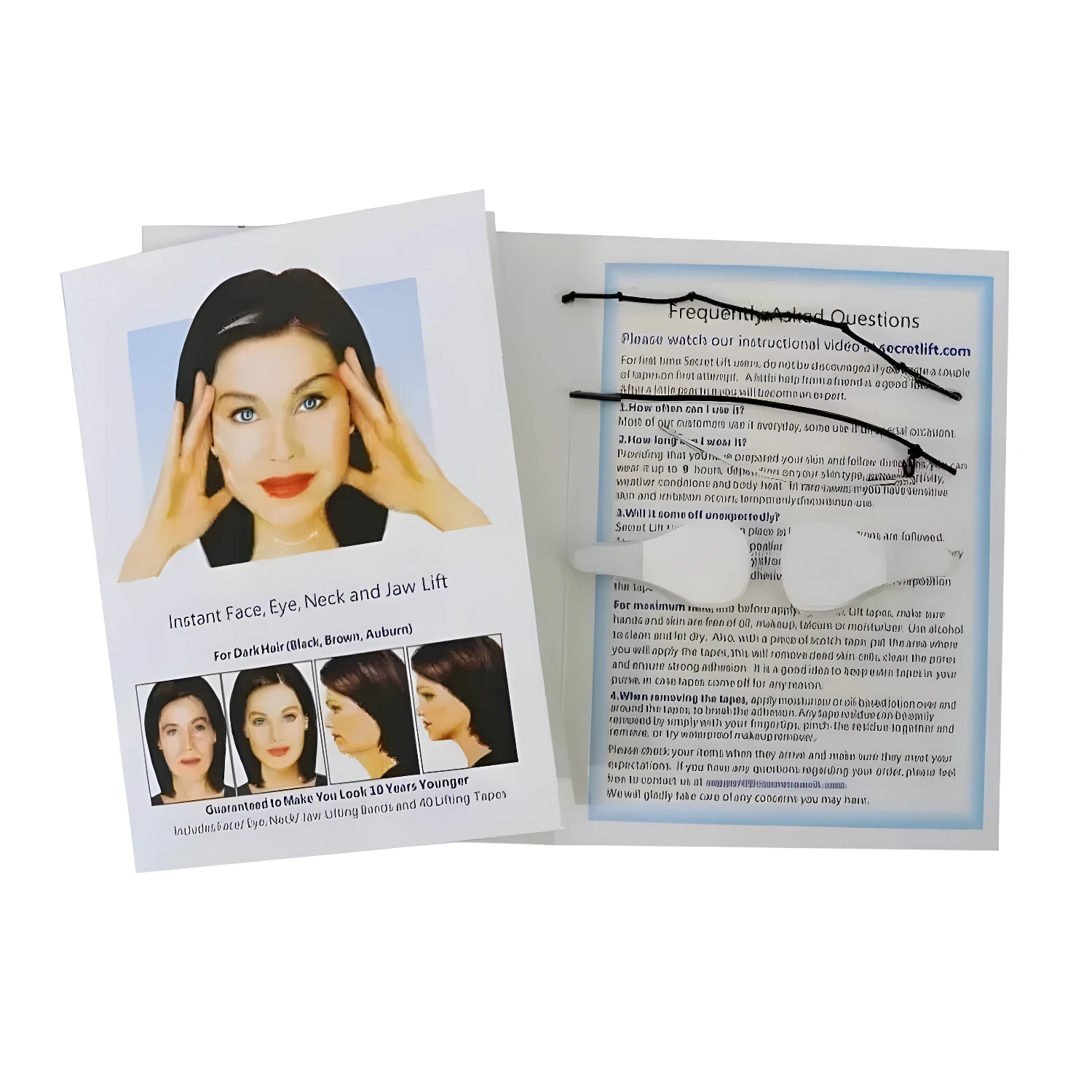 Cinta Facial Secret Lift para rejuvenecer tu rostro, con demostración de antes y después.