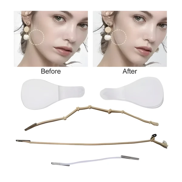 Cinta facial Secret Lift: antes y después con parches y bandas para lifting facial invisible.