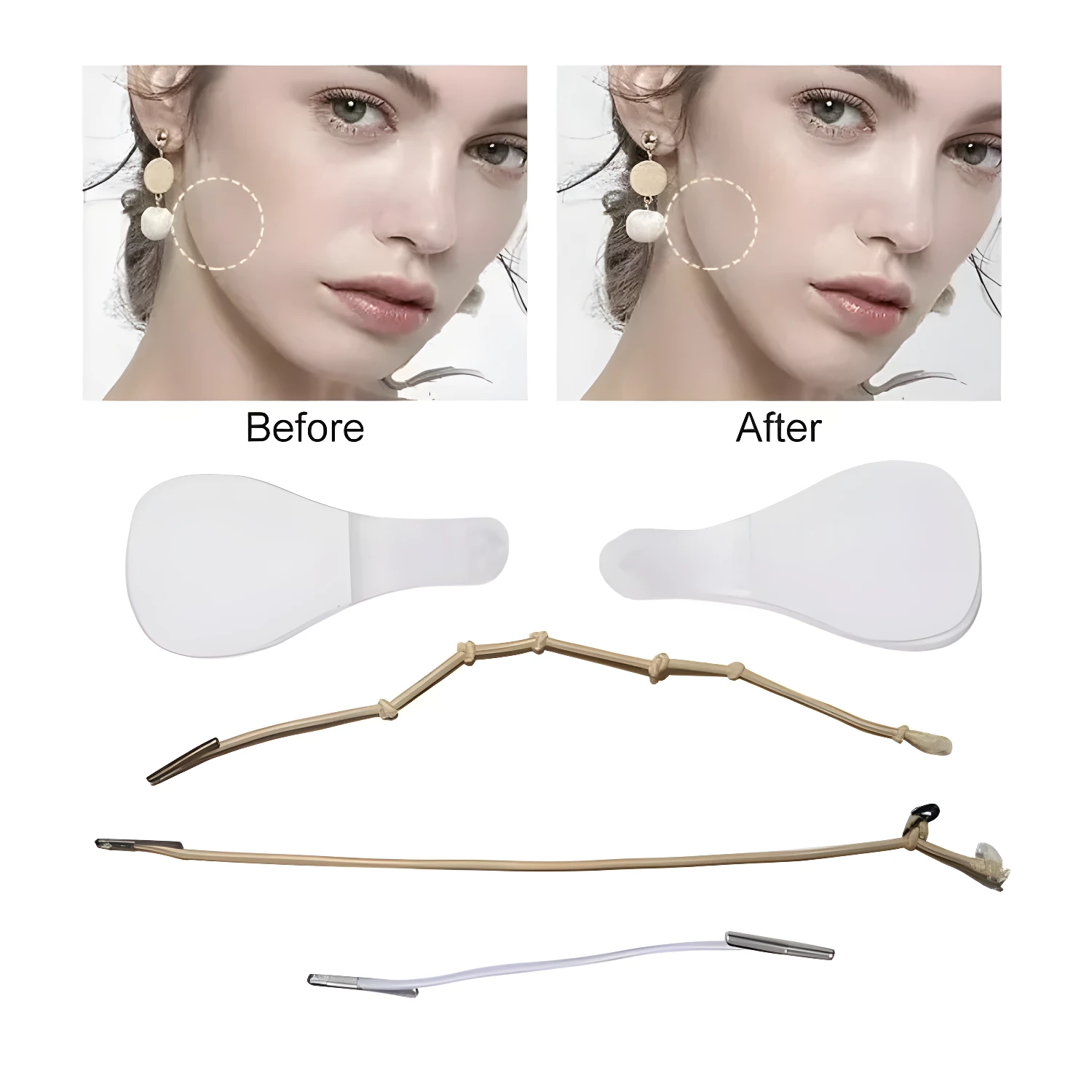 Cinta facial Secret Lift: antes y después con parches y bandas para lifting facial invisible.