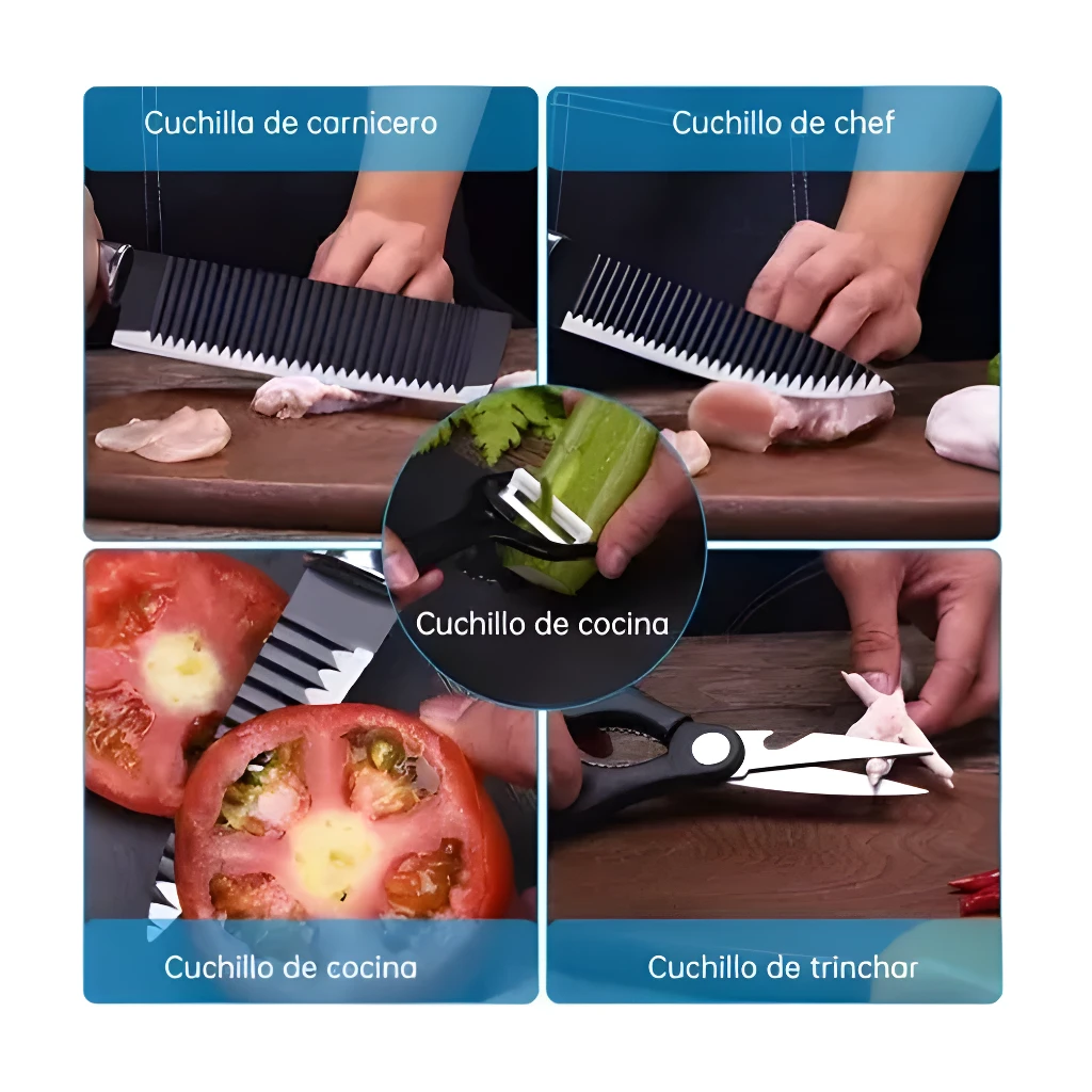 Set de cuchillos de cocina: carnicero, chef, pelador y tijeras.