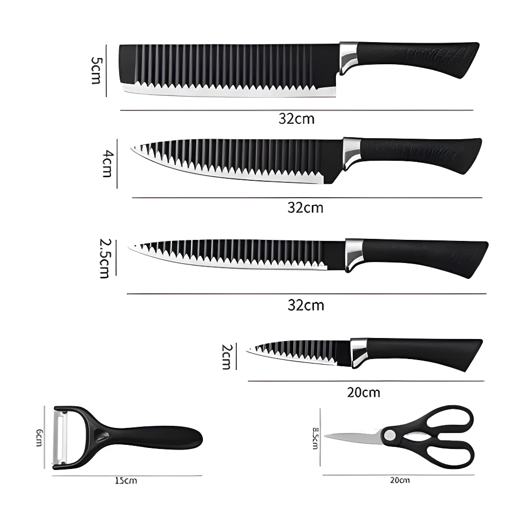 Set de 6 cuchillos profesionales con pelador y tijeras, medidas detalladas.