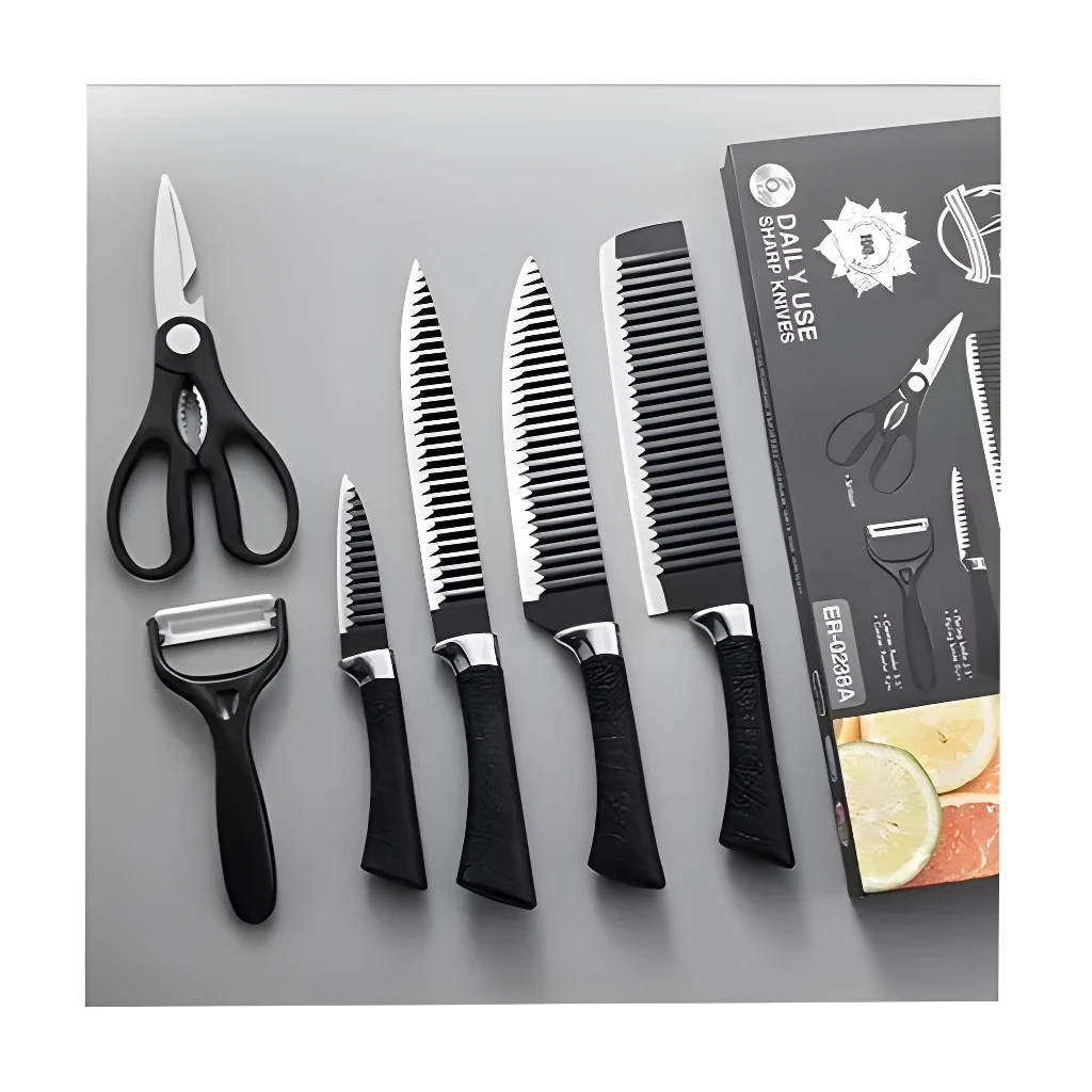 Set de cuchillos 6 piezas y tijeras para cocina, ideal para uso diario.