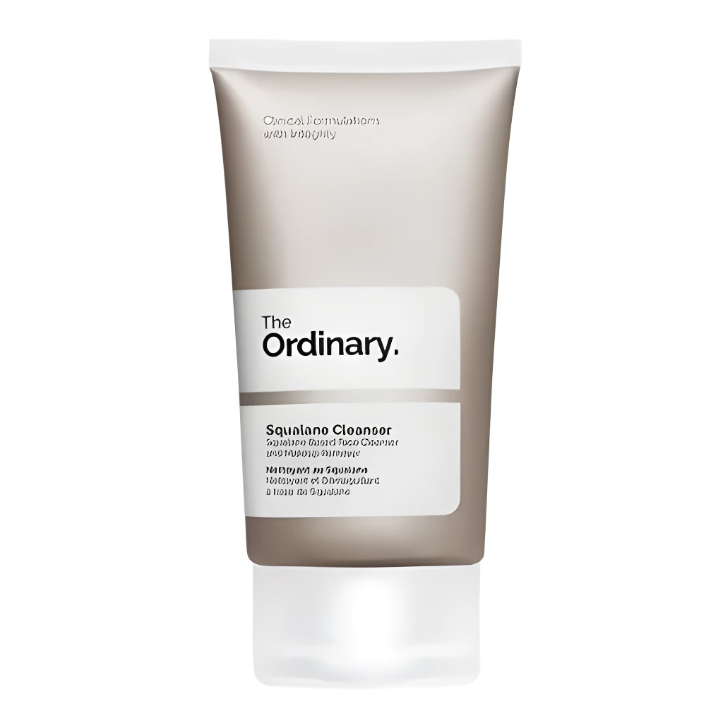 The Ordinary Squalane Cleanser, limpiador facial cremoso en tubo gris y blanco.