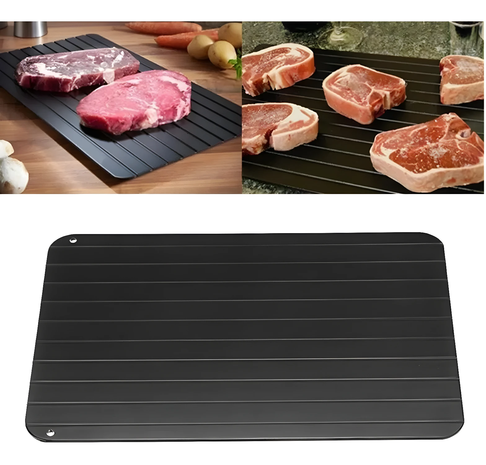 Tabla descongelante de carne cruda, bandeja con estrías, ideal para cocina.