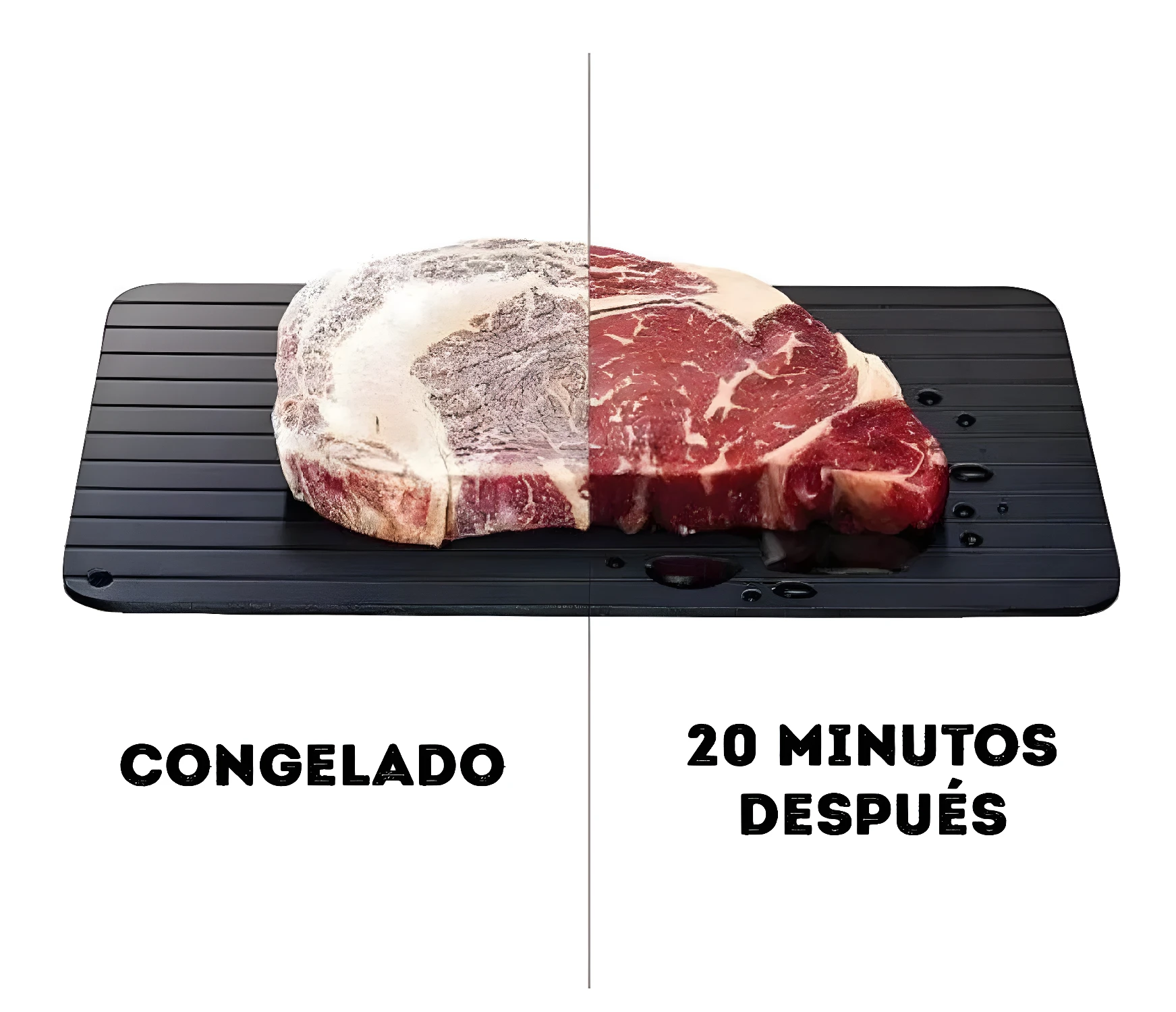 Tabla descongelante para carnes: congelada vs. 20 minutos después.