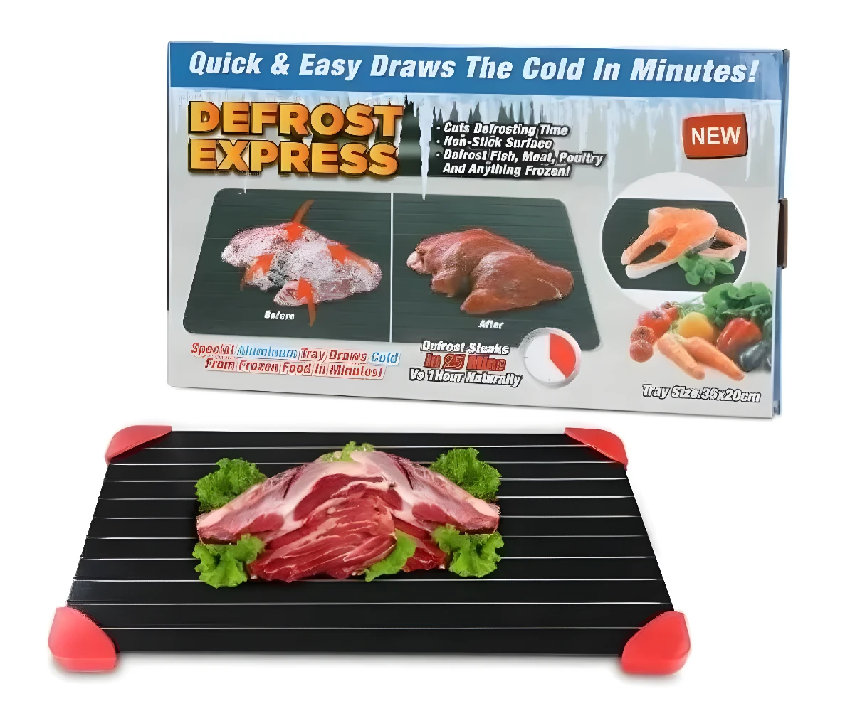 Tabla descongelante para carnes, un corte de res fresco sobre fondo negro con detalles de lechuga y guarnición.