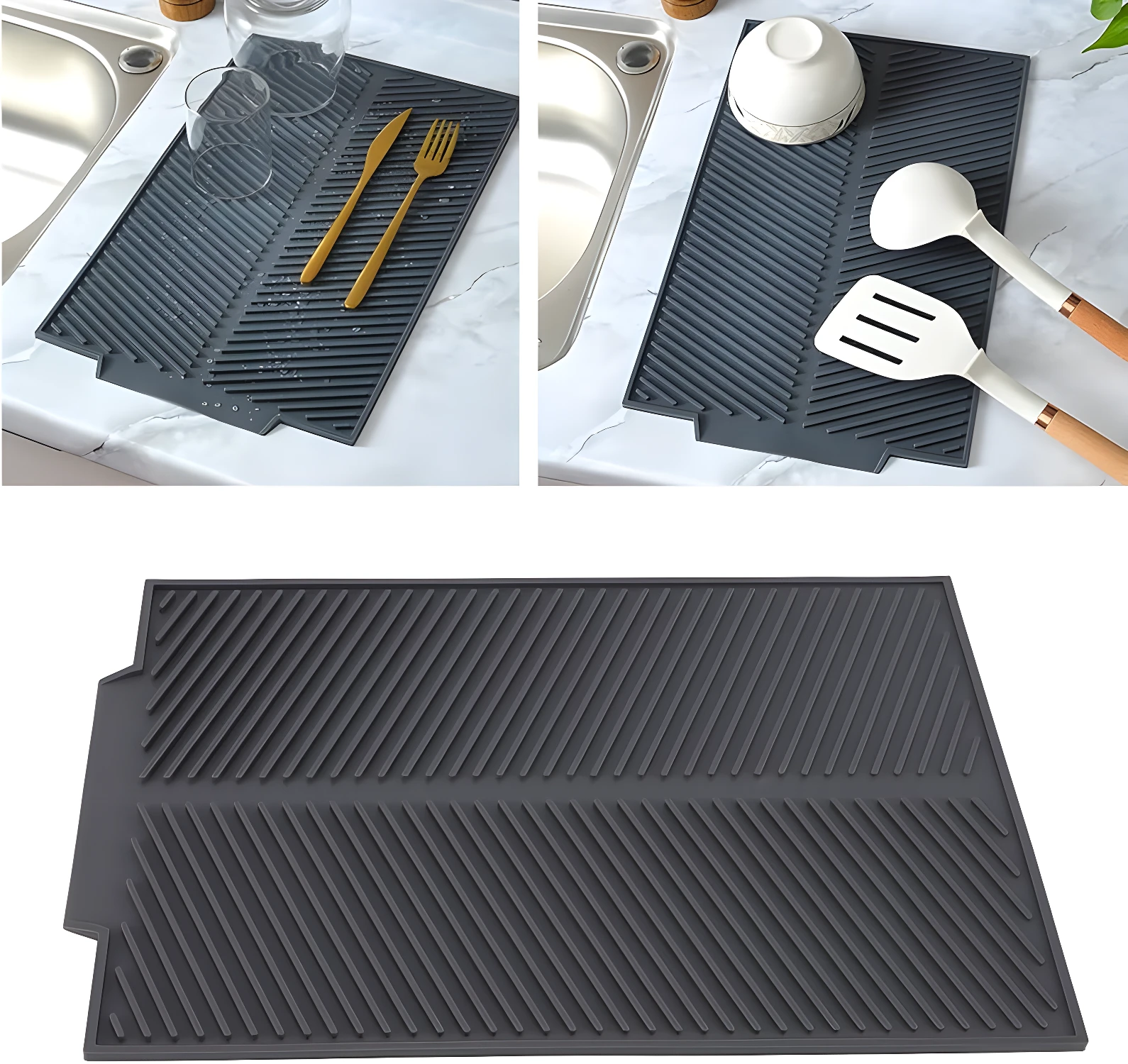 Tapete de cocina multifuncional gris con diseño de drenaje para secar platos y utensilios.