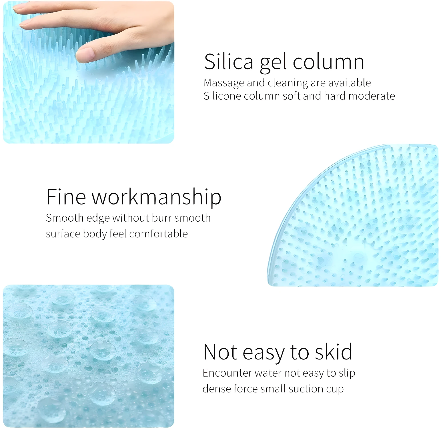Tapete masajeador de silicona con textura de columnas suaves y ventosas antideslizantes.