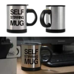 Taza pocillo mezclador mug plateada con texto negro, con asa negra.