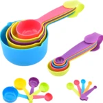 Juego de 10 tazas y cucharas medidoras coloridas de plástico para cocina.