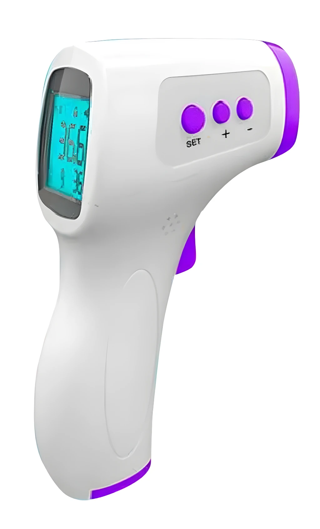 Termómetro infrarrojo digital blanco y púrpura, muestra temperatura corporal en pantalla LED.