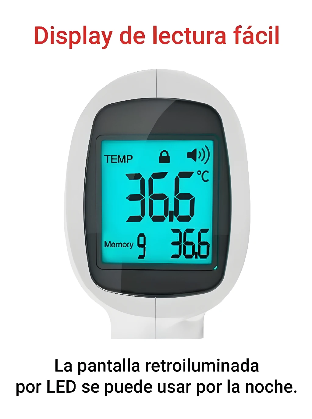 Termómetro infrarrojo con pantalla retroiluminada de lectura fácil y memoria.
